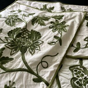Pottery Barn green embroidered duvet and 2 standard shams. F/Q